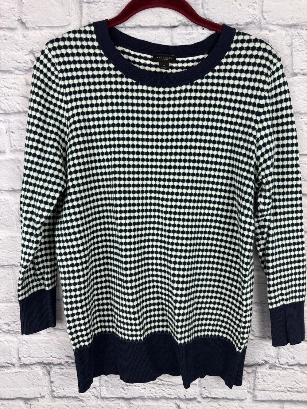 Ann Taylor Navy Green and White Dotted Knit Crewneck Sweater Size Medium